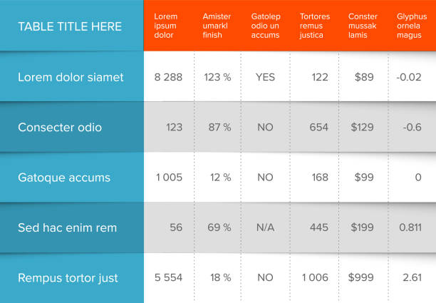 Simple stylized data table layout template Multipurpose table layout template with nice minimalistic design - color version with shadow rows and blue and red accent legend tabular infographic stock illustrations