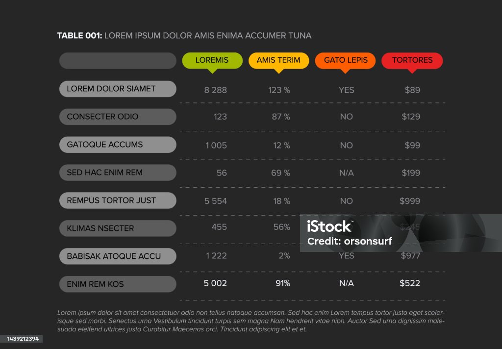 Simple Dark Stylized Data Table Layout Template Stock Illustration ...
