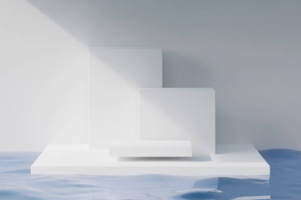 istock Minimal white pedestal podium on pool background, products display 3d rendering 1439215297