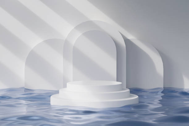 istock Minimal white pedestal podium on pool background, products display 3d rendering 1439215306