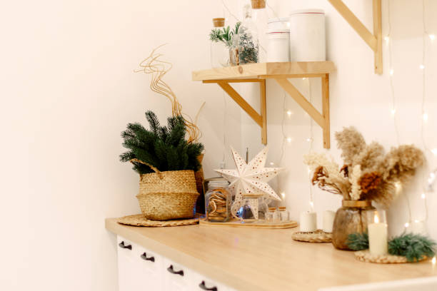 istock Bright Christmas kitchen interior.Eco-friendly New Year and Christmas decor. 1439215544