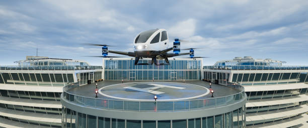 istock Autonomous driverless aerial vehicle takeoff on rooftop, 3d render 1439217153