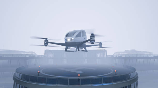 istock Autonomous driverless aerial vehicle takeoff on rooftop, 3d render 1439217200