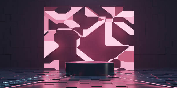 3d render podium, plattform studio disply szene mit rotem neon.  schaufensterszene zur produktpräsentation. - disply stock-fotos und bilder