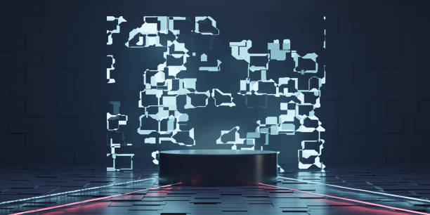 istock 3d render podium , platform studio disply scene with blue neon.  showcase scene for product presentation. 1439217338