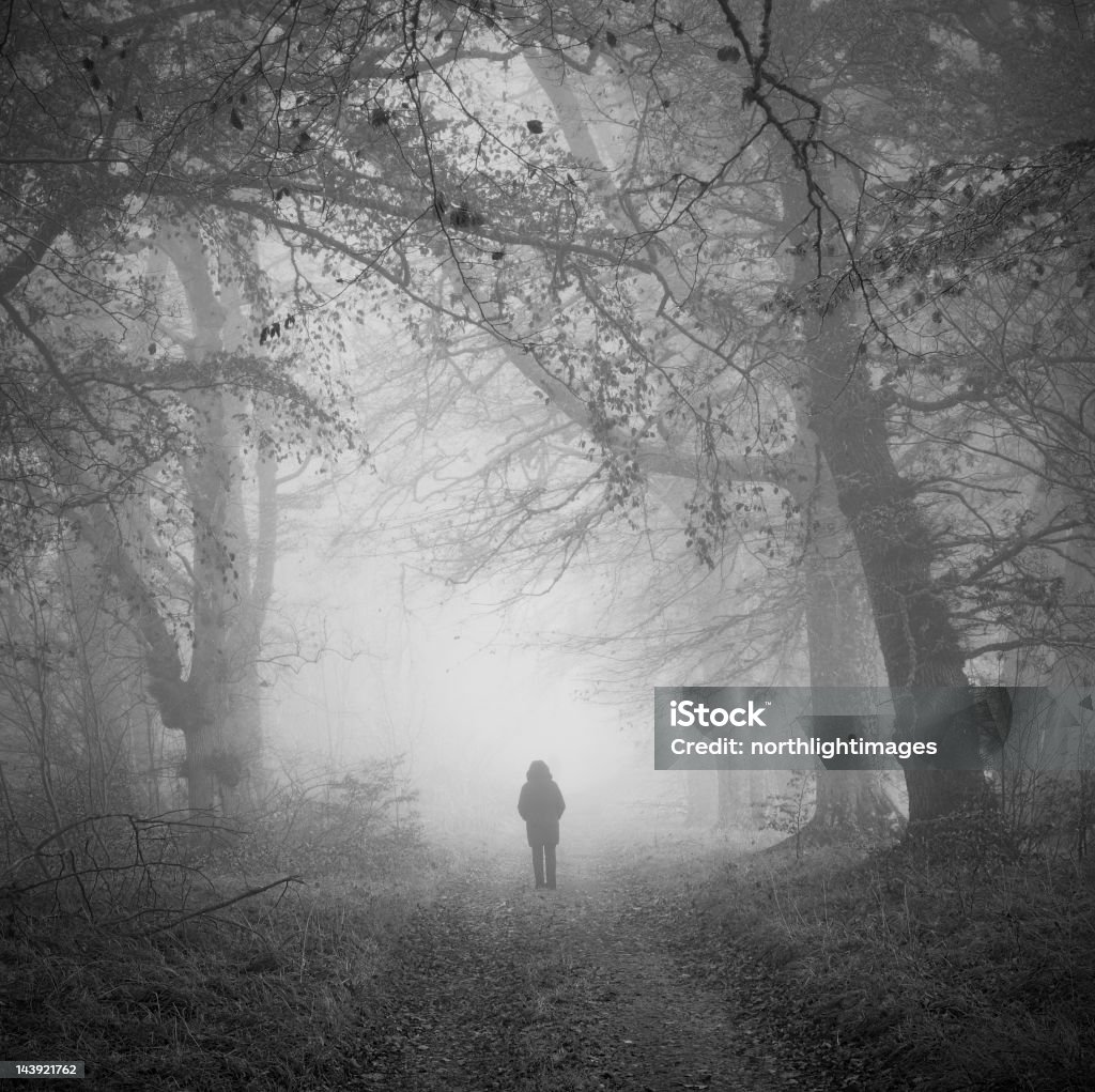 Figura en misty woodland - Foto de stock de Blanco y negro libre de derechos