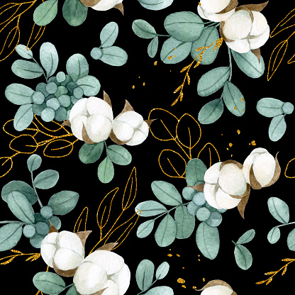 watercolor drawing. seamless pattern with golden eucalyptus leaves and cotton flowers on a dark background