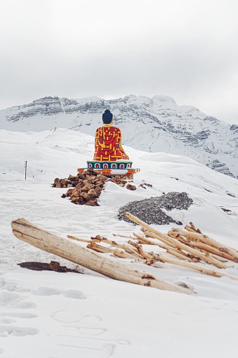 A vertical shot of ancient Buddha statue in Langza village, Spiti Valley in winter