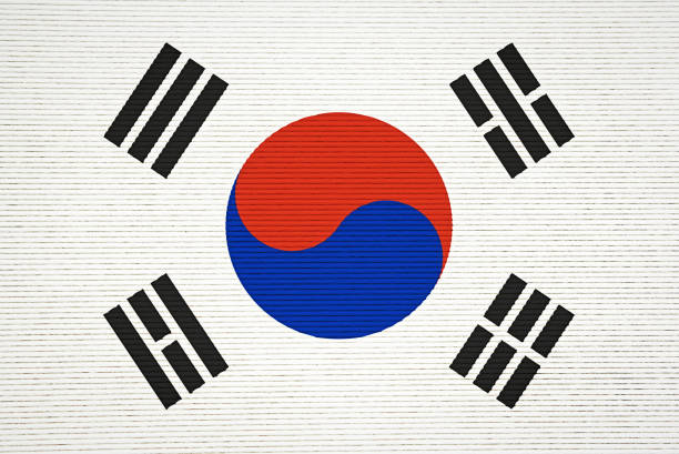 Flag of South Korea on rough corrugated striped paper South Korean national flag on corrugated paper, ready for your grunge effects to be applied. flat country stock pictures, royalty-free photos & images