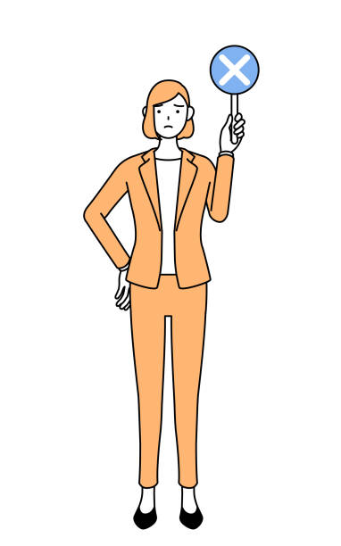 prosta ilustracja przedstawiająca bizneswoman w garniturze trzymającą pasek z butami wskazującymi nieprawidłowe odpowiedzi. - problems shoe grimacing high heels stock illustrations