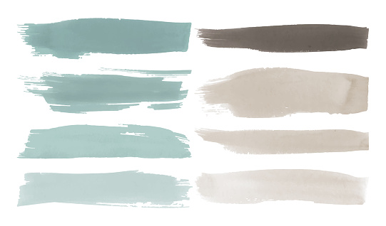 Beige Watercolor Brushstrokes. Vector Graphic Banner. Hand Drawn Stripes. Teal Water Strokes Background. Trace of Abstract Art Drawn Shapes. Dirty Spray Set. Blue Brush strokes Design.