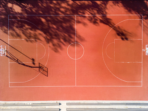 Aerial view of basketball court outdoors at beautiful sunny day, nice court