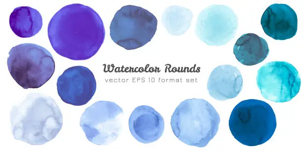 Vector illustration of Teal Blue Watercolor Dots. Isolated Grunge Blots on Paper. Ink Circles Elements. Hand Paint Watercolor Dots. Abstract