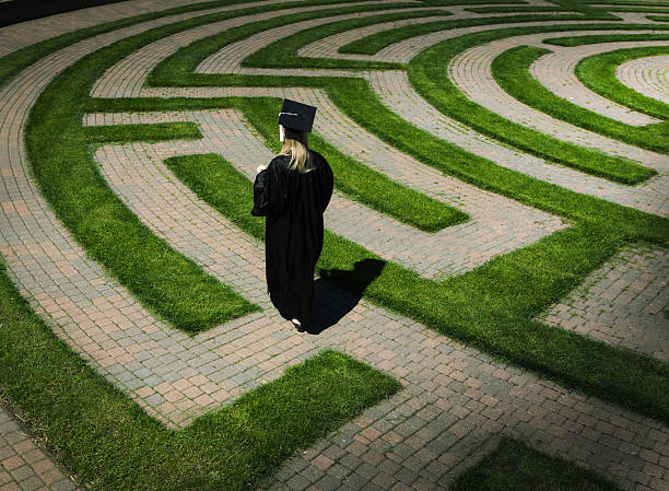 istock Student Graduate Walking Brick Maze Path, Searching, Seeking Future Employment 143922579