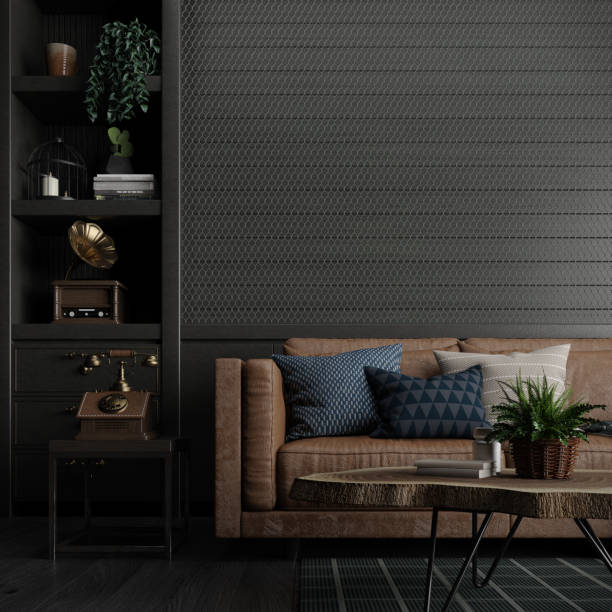 istock Vintage dark living room interior close up with leather sofa.3d rendering 1439225824