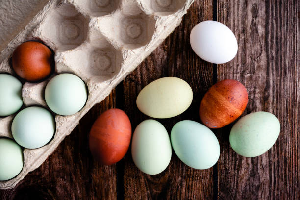 istock Blue, Green, and Brown Heritage Eggs With an Egg Carton On a Rustic Wood Background 1439226037