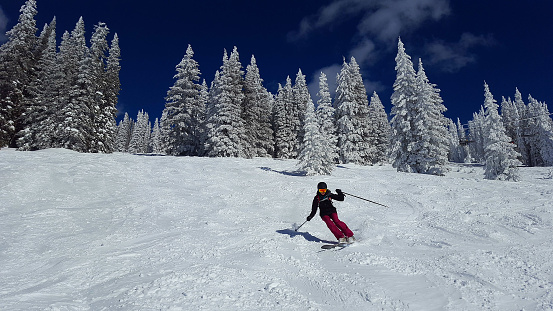 Expert mature woman skier and snow covered trees. Steamboat ski resort, Colorado