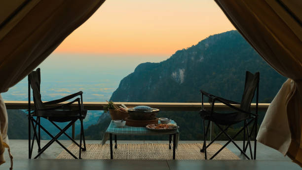 istock View from inside camp tent. Amazing sunset time in mountains 1439231208