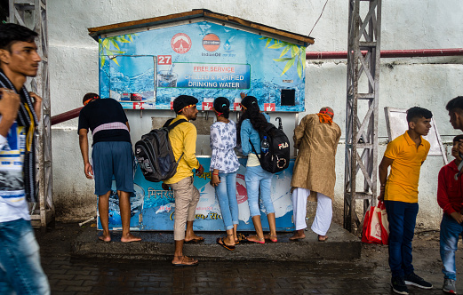 July 5th 2022 Katra, Jammu and Kashmir, India. Free Drinking water service for the pilgrims visiting Mata Vaishno Devi Cave Temple.