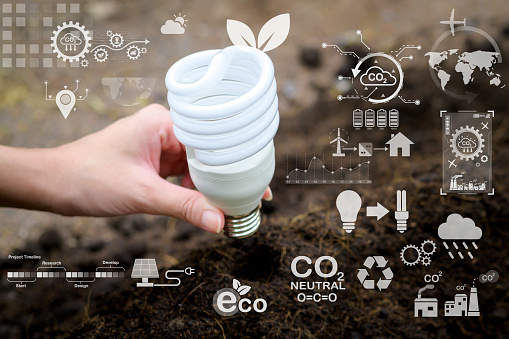 light bulb on green background , Ecological technology , Save earth concept