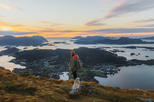 Female with backpack admiring the autumn in the mountains with her cute pug, and staying on the top of the scenic viewpoint of the sea with small islands during twilight in More og Romsdal county