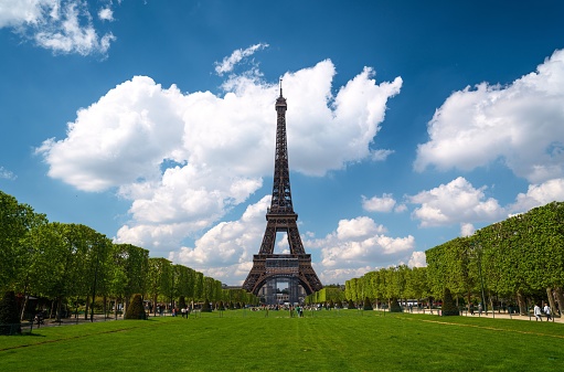 A beautiful view of the iconic Eiffel Tower on a sunny day in Paris, France