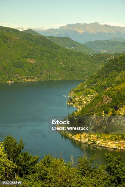Aerial View Over Morcote With Alpine Lake Lugano And Mountain Stock Photo - Download Image Now