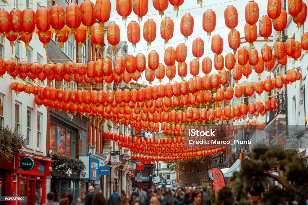Chinatown in London Busy street Crowded Chinatown in London UK London - England Stock Photo