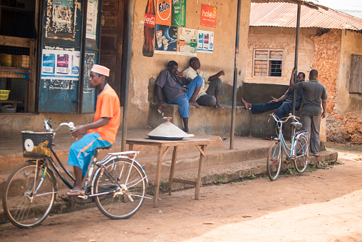 Kigali, Rwanda - May, 2013: the back of motorcycle taxi drivers