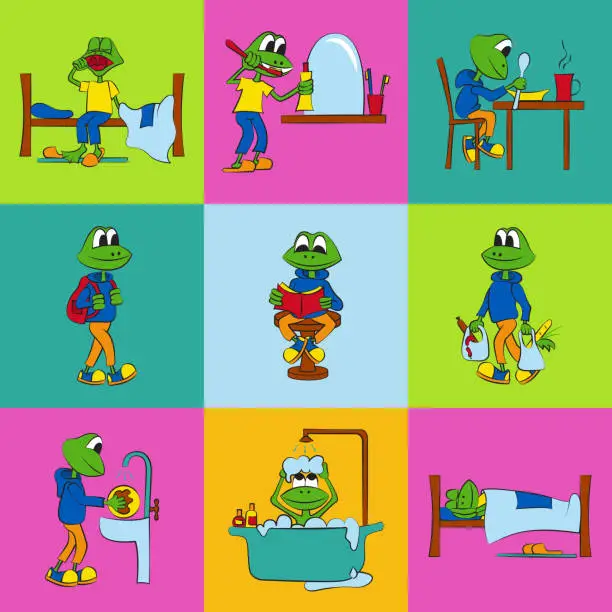 Vector illustration of Set of stickers on the theme of daily planning of the daily routine of schoolchild. The baby frog performs various tasks during the day. Bright vector illustration.