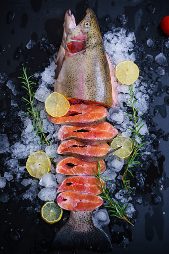 Raw fresh salmon fish on ice cubes decorated with lemon slices, herbs and vegetables on black wooden background