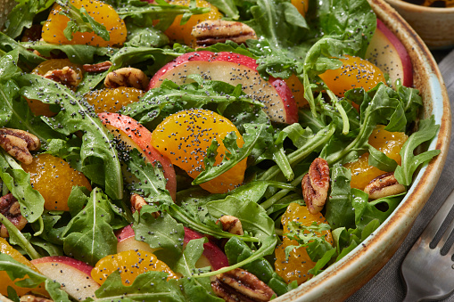 Mandarin Orange Salad with Arugula, Baby Spinach, Apples, Toasted Pecans and Poppy Seeds with an Oil and Vinegar Dressing