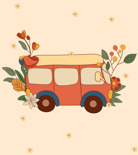 positive komposition 70er jahre mit retro-bus, bunten blumen und blättern. positive hippie-symbole. perfekt für grußkarten, poster, postkarte, banner. vektor. - tour bus stock-grafiken, -clipart, -cartoons und -symbole