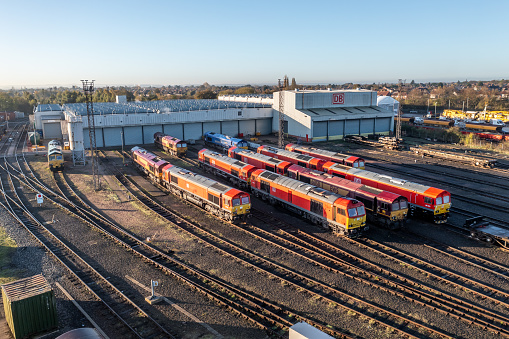 Toton, Nottingham, UK - November 4, 2022.  An aerial view of DB Schenker's Toton TMD with railway locomotive and wagons ready for repair and fueling