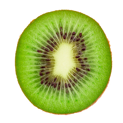 Excellent Kiwi slice isolated on white background.  Gourmet chopped kiwi, juicy and tasty. Ripe and delicious kiwi cut close up. Healthy food, dieting and nutritious cooking concept