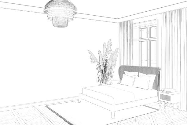 istock A sketch of the cozy bedroom with a blank wall, large spikelets next to a bed with a wicker headboard near the window with curtains, and books on a bedside table with rattan doors. 1439245459