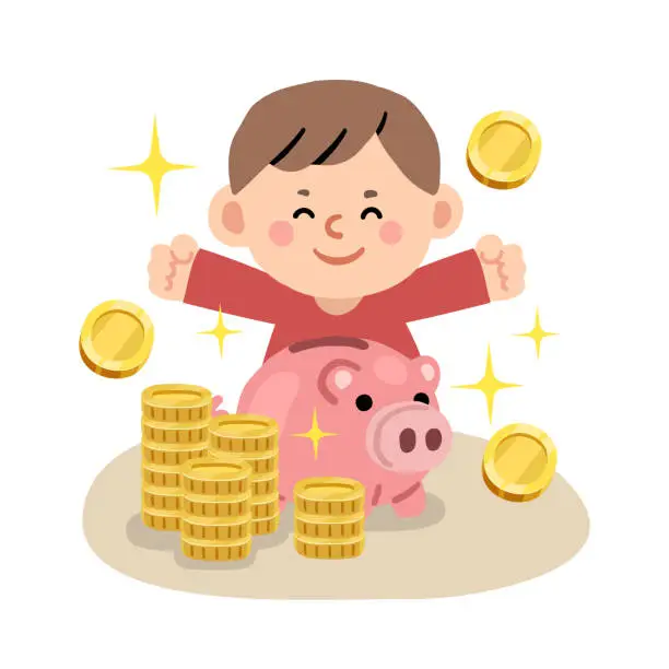 Vector illustration of boy very happy with a lot of coins and piggy bank