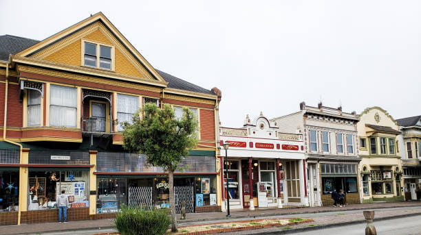 Historic Old Town Eureka, California. Quiet street and storefronts. stock photo