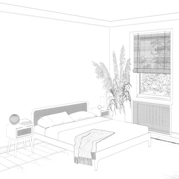 istock A sketch of the cozy modern bedroom with a blank wall, lamps on bedside tables on either side of the bed with rattan headboard, large spikelets in a vase near the window with bamboo blind. 1439247346