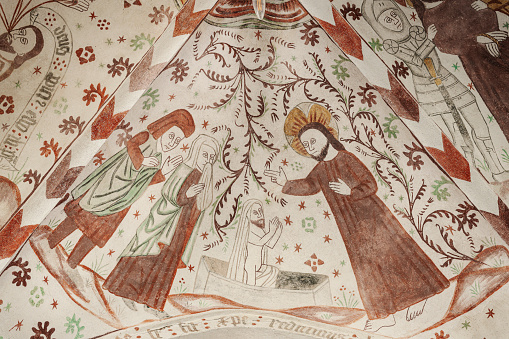Raising of Lazarus, the Four-Days Dead is an old fresco in Fanefjord church, Denmark, October 10, 2022
