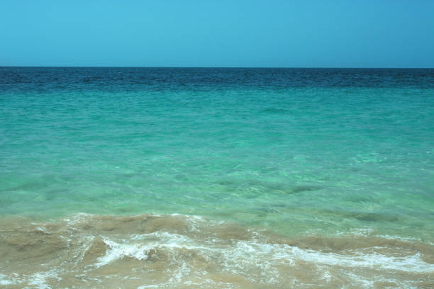 Summer beach, ocean waves on a tropical sea with deep blue wawes.