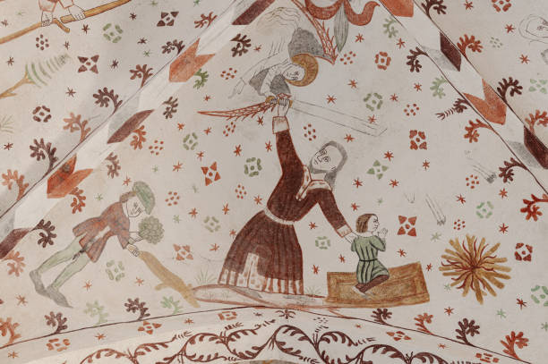 переплет исаака или жертвоприношение исаака, фреска средневековья - denmark indoors church angel стоковые фото и изображения