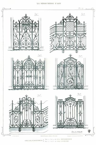 Artistic and brilliant compositions for ironwork like Grills, Glazed Doors, Balconies, 
Awnings, Winter Gardens, Bow-Windows, Bandstands, Panels etc. on Renaissance, Louis XIV, Louis XV and Louis XVI styles, from 16th to 18th century.