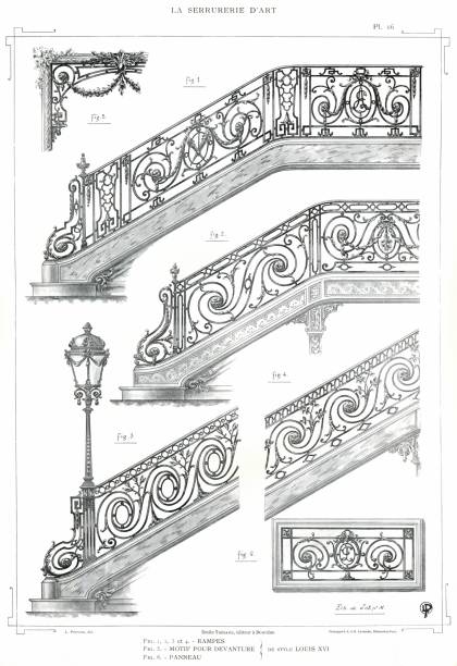Artistic and brilliant compositions for ironwork like Grills, Glazed Doors, Balconies, Awnings, Winter Gardens, Bow-Windows, Bandstands, Panels etc. on Renaissance, Louis XIV, Louis XV and Louis XVI styles, from 16th to 18th century.