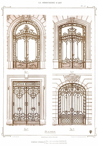 Artistic and brilliant compositions for ironwork like Grills, Glazed Doors, Balconies, 
Awnings, Winter Gardens, Bow-Windows, Bandstands, Panels etc. on Renaissance, Louis XIV, Louis XV and Louis XVI styles, from 16th to 18th century.