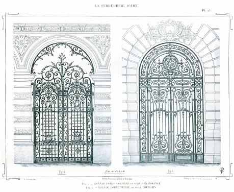 Artistic and brilliant compositions for ironwork like Grills, Glazed Doors, Balconies, 
Awnings, Winter Gardens, Bow-Windows, Bandstands, Panels etc. on Renaissance, Louis XIV, Louis XV and Louis XVI styles, from 16th to 18th century.
