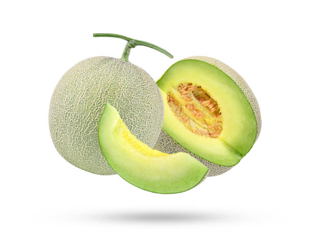 istock Cantaloupe melon falling in the air isolated on white 1439255641