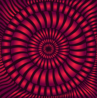 Hipnotic optical illusion abstract vibrant pattern with many circles of stripes template. Decorative 3D style psychedelic background. Juicy gradient orange violet color, outline dark plum color. Vector hand drawn illustration.