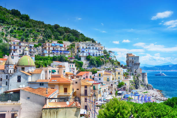 Ravello village park with ancient sculptures over sea, Amalfi coast of Italy