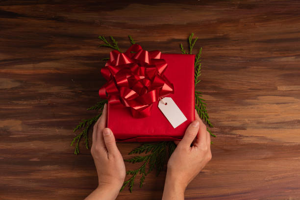 Woman hands with red gift with empty label for mock up stock photo
